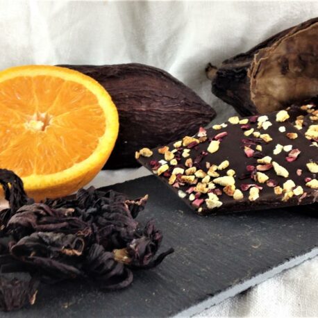 Le chocolat bio 75% cacao zestes d'orange, fleurs d'hibiscus