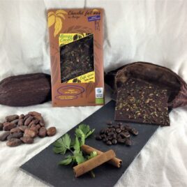 Tablette de chocolat bio 75% café, cannelle et feuilles de coriandre